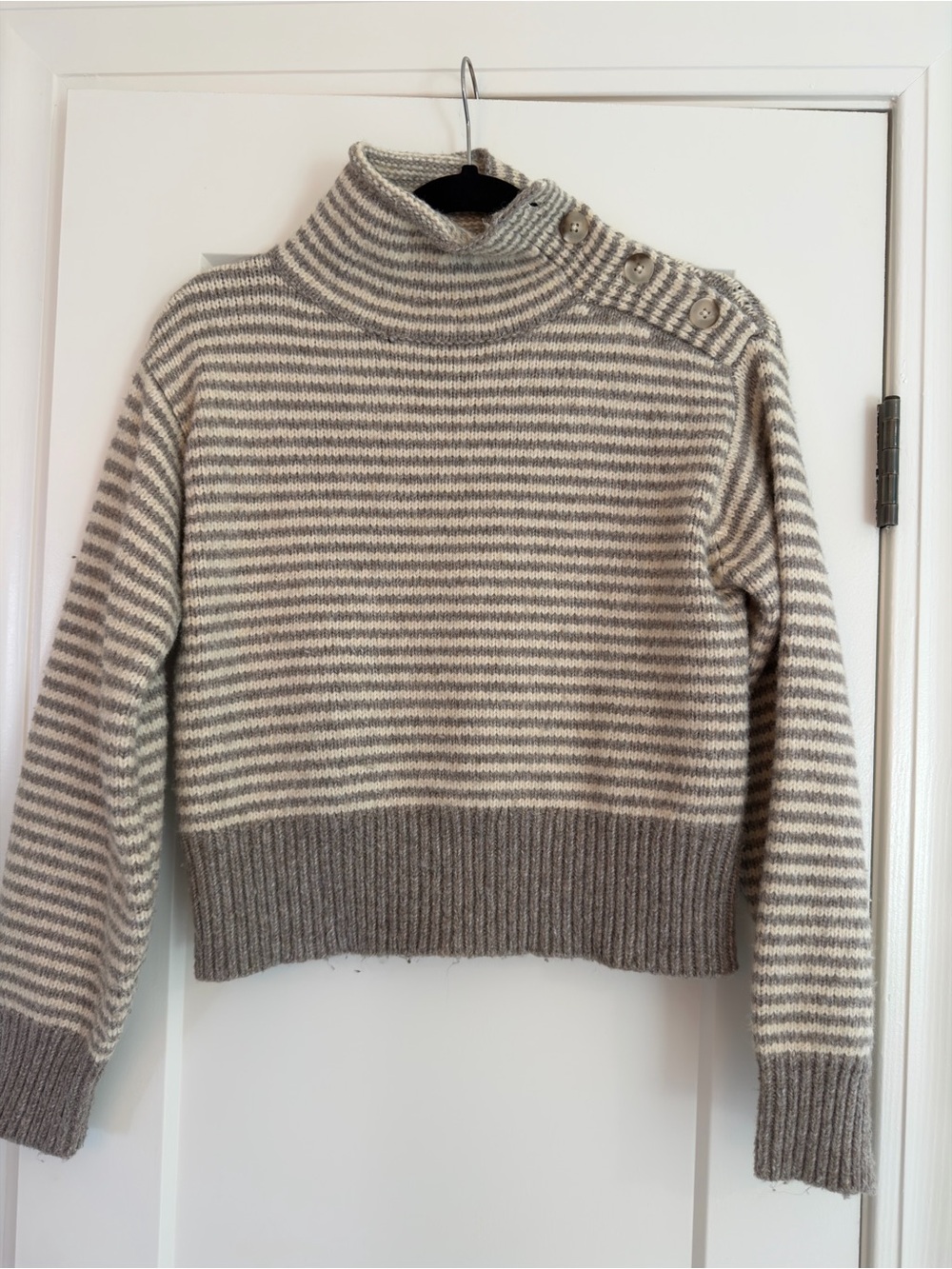 Universal Thread Gray & Cream Striped Cowl Button-Shoulder Sweater